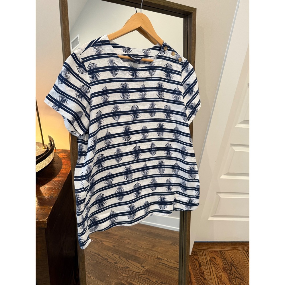 Lands End Linen Striped Leaf Print Shirt Top Womens L 14 16 Blue White Tropical